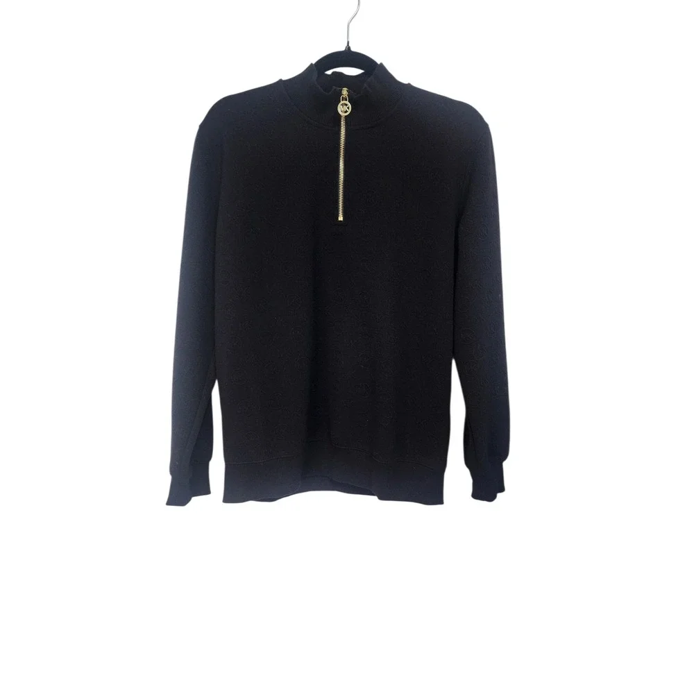 Michael Kors Mens Black MK Logo Monogram Quarter Zip Pullover Sweatshirt Size‎ S